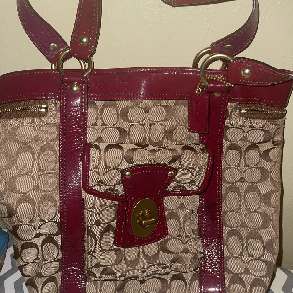 Tan and Burgundy Large Coach Bag